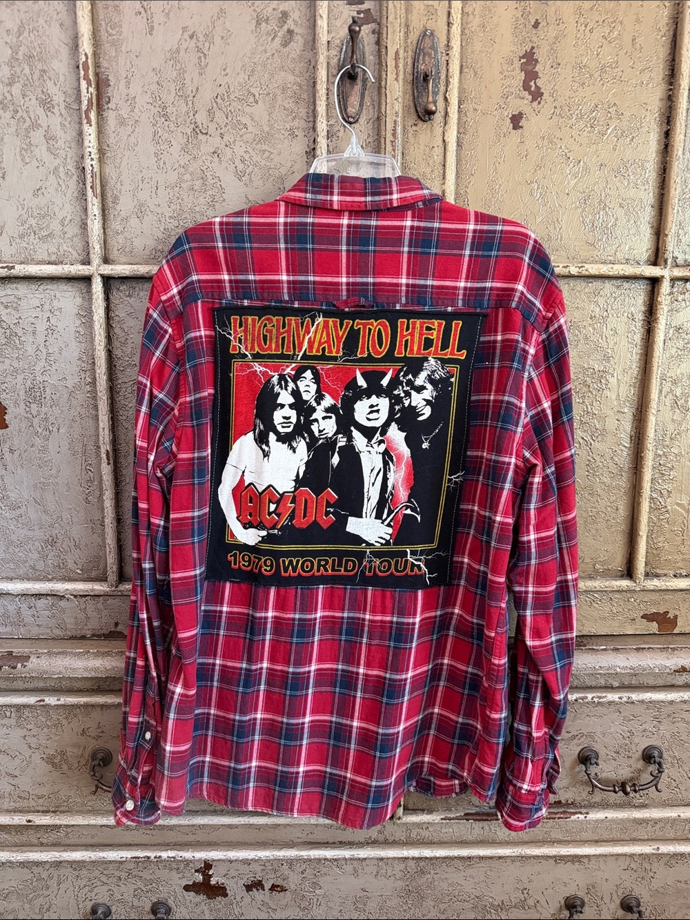 AC/DC Red Plaid 'Highway to Hell' Back-Patch Flannel Shirt